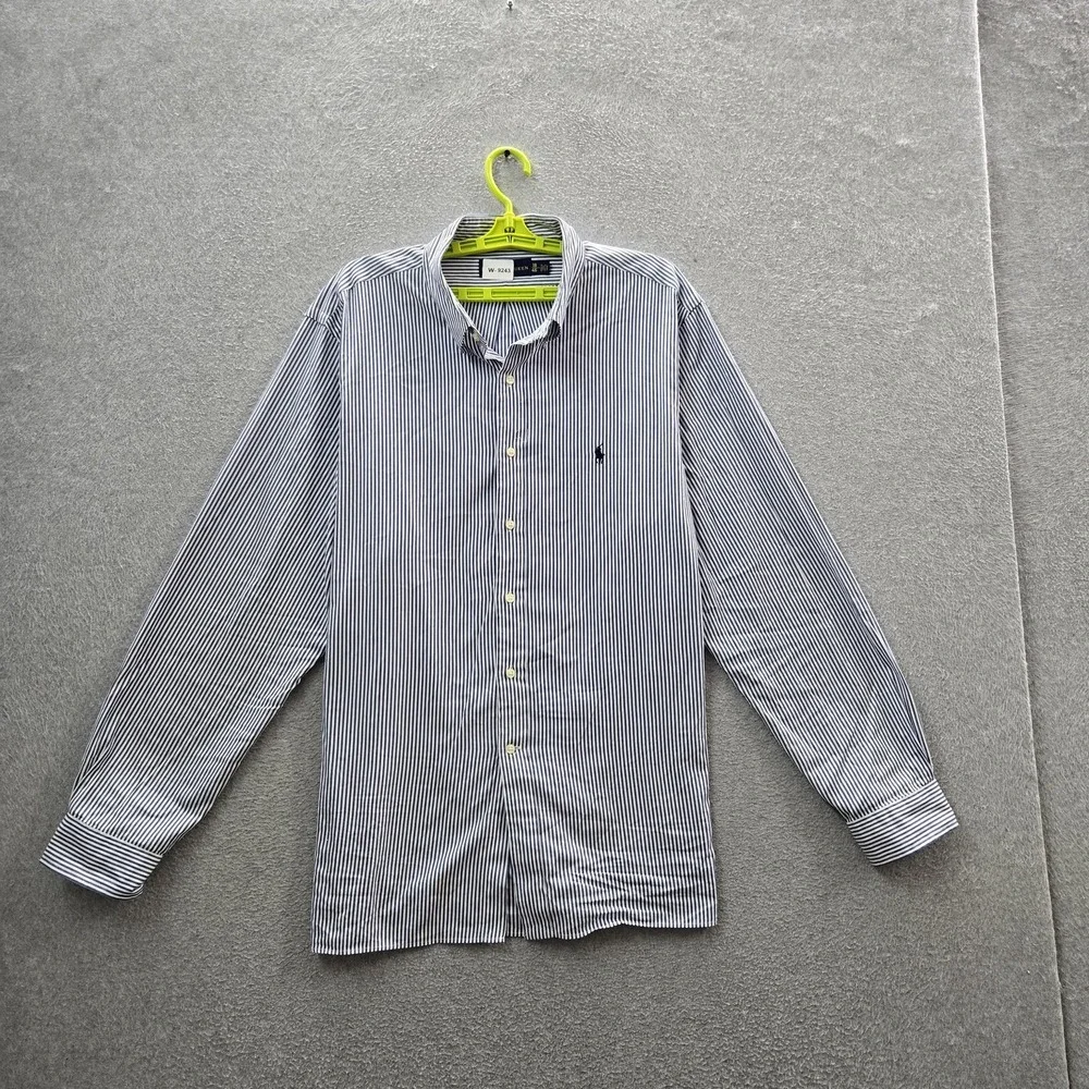 Ralph Lauren Men Button Up Shirt 18 Blue Embroidered Striped Logo Dress